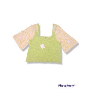 Free People Square Neck Contrast 3/4 Sleeve Floral Print Smocked Top - XL